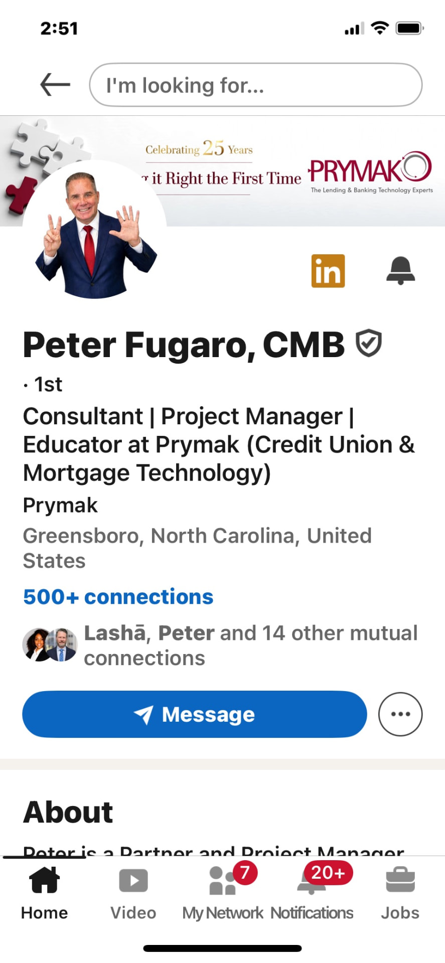 Peter Fugaro's LinkedIn profile feed on an iPhone